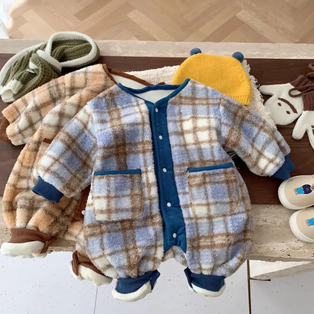 

0-24M Korean Baby Casual Retro Plaid Rompers Winter Toddler Girls Jumpsuit Long Sleeve Warm Newborn Boy Clothes Fleece Overalls