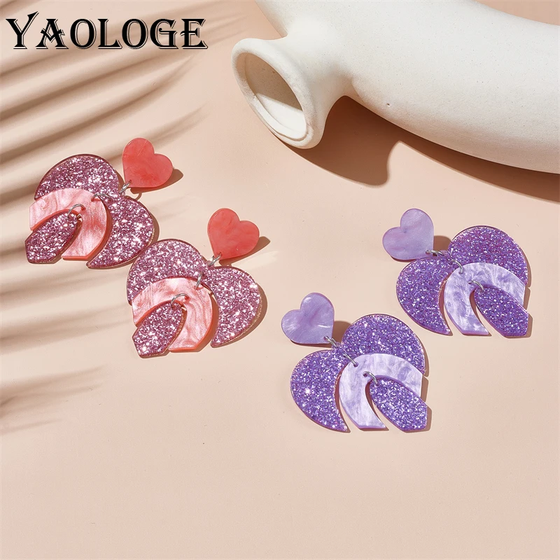 

YAOLOGE Acrylic Pink Purple Heart Love Drop Earrings For Women Girl Fashion New Trend Ear Jewelry Lady Gift Party серьги 2023