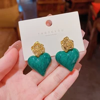 new korean green rose drops of oil texture heart shape earrings for women hundred match temperament stud earrings jewelry gift