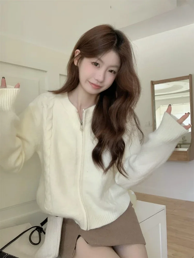 Сплошной цвет вязаный кардиган на молнии осень-зима корейская версия