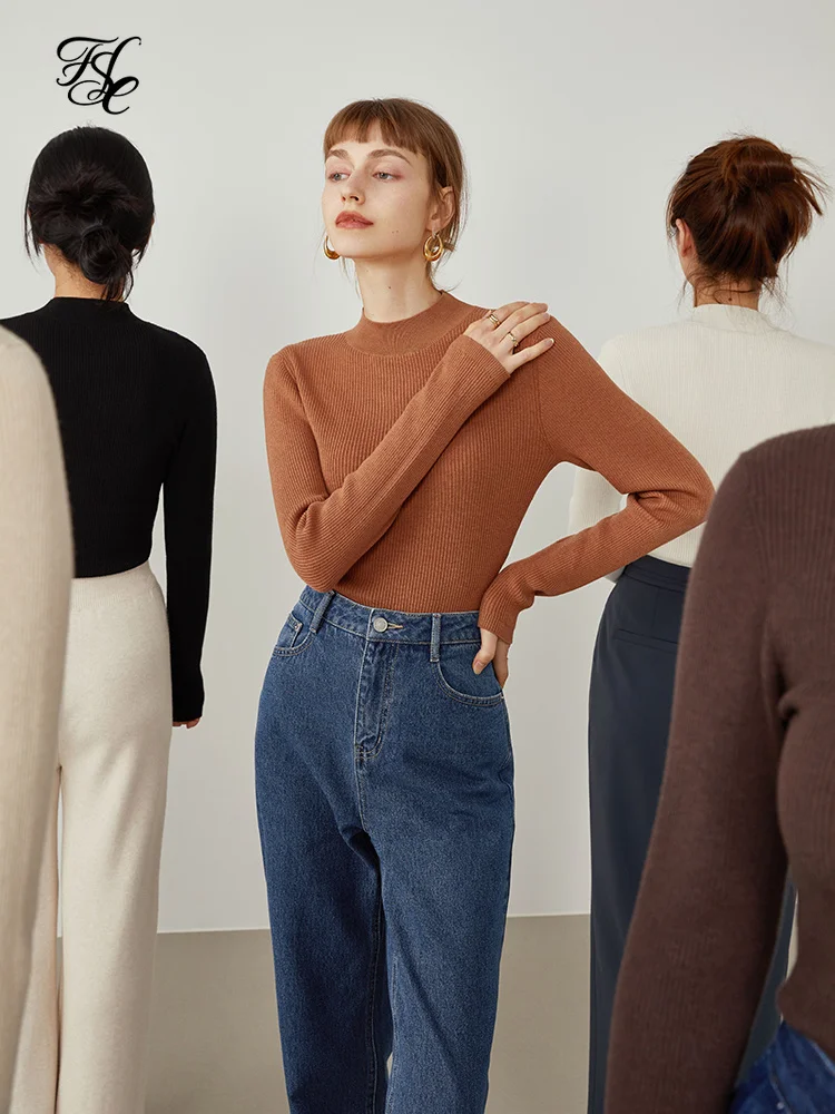 

FSLE Women Half High Neck Knit Wool Bottoming Black Solid High-necked Tight Inside Sweater Machine Washable White Pullover