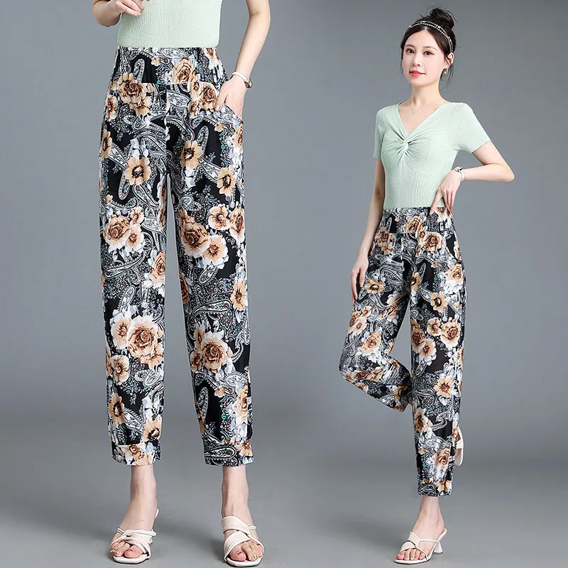 Summer Pants Women Cool Rayon Loose Drawstring Print Casual Mom Sweatpants Fashion Harem Print Flower Trousers