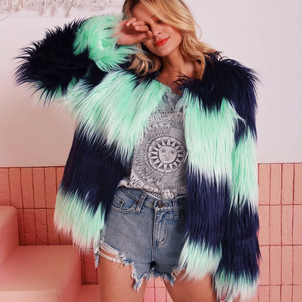 Women's Leather Fur Coat Fashion Imitation Fur Contrast Color Fall Winter Coat Women's Furry Coat Faux Fur Coat