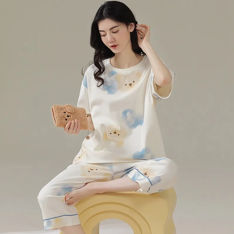 Pajamas Women's Summer Thin Cotton Short-sleeved Large Size Loose Can Be Worn Outside Home Suit Two-piece Breathable Sleepwear