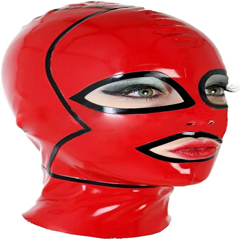

Сексуальная латексная резиновая капюшон Фетиш маска черный с красными открытыми глазами Ручной Работы Рот Хэллоуин косплей костюмы для мужчин женщин