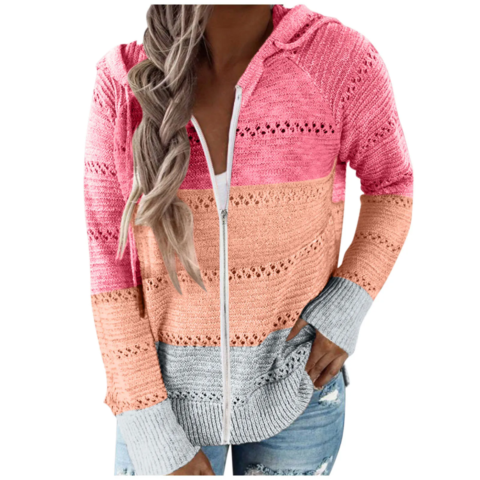 

Женский трикотажный свитер составного кроя, Повседневная осенне-зимняя Дамская блузка на молнии с капюшоном, женский джемпер с длинным рук...