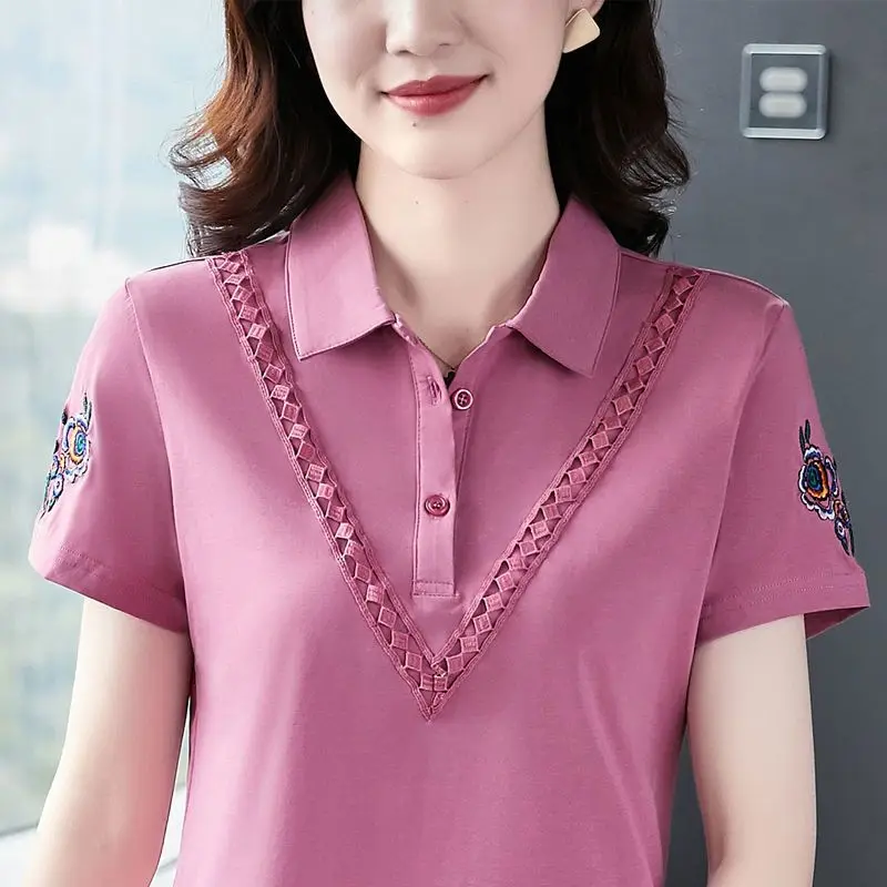 Fashion Lapel Solid Color All-match Embroidery Blouse Women's Clothing 2023 Summer New Oversized Casual Pullovers Commute Shirt