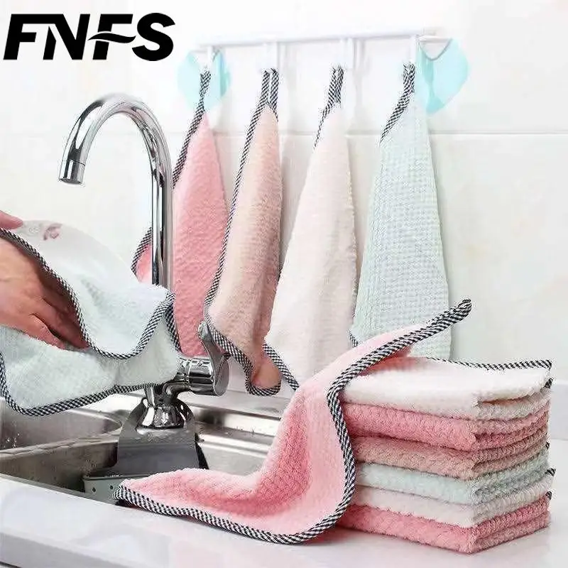 

Water Absorbing Oil Free Dishcloth Dish Washing Cloth Hanging Rag Coral Fleece Kitchen Use Thickened Wiping Cloth Clean Towels