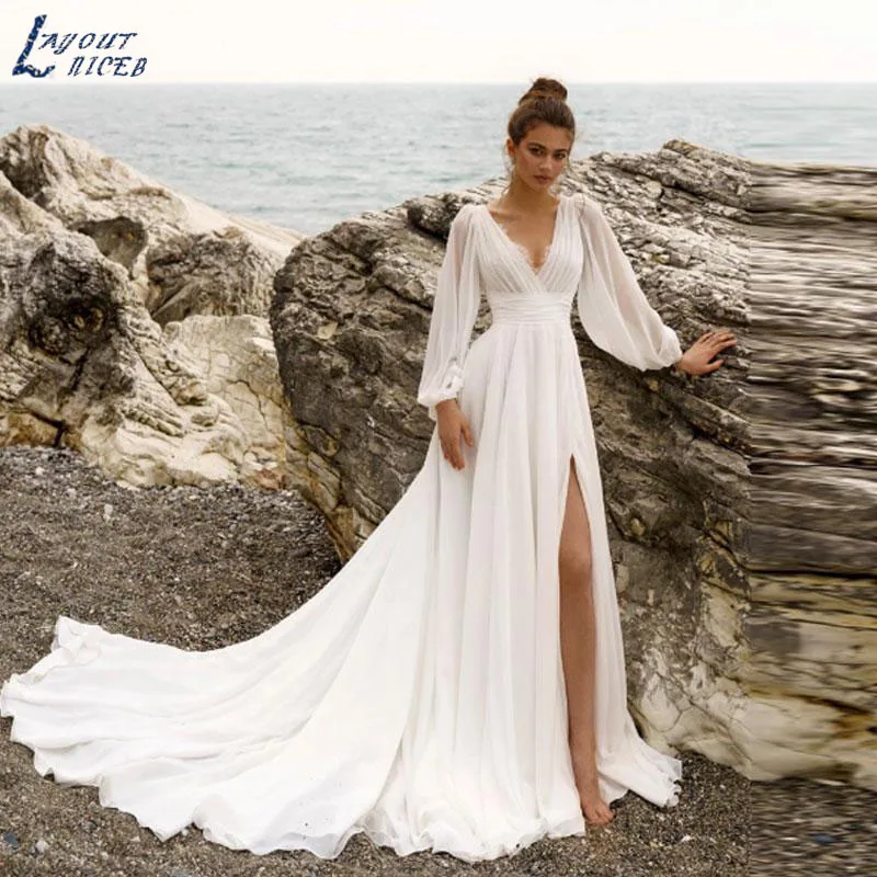 

Женское шифоновое платье с V-образным вырезом, длинным рукавом Vestido de noiva de neve simples 2023 sentimento feminino V vestido de noiva de praia comprido vestido de casamento de manga flácida personalizado Vestido