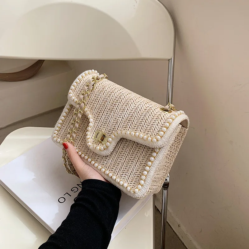 

Women's Bag Chain Straw Summer 2021 New Fashion Pearl Hand-Woven Straw Shoulder Bags Beach Small Square Female Crossbody Handbag