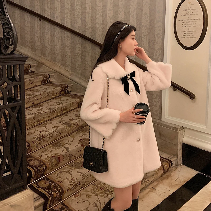 Luxury Imported Lamb Wool Fur Coat Women's Winter Petal Collar Mid-Length Young Ladies Long Sleeve Real Fur Jackets for Woman