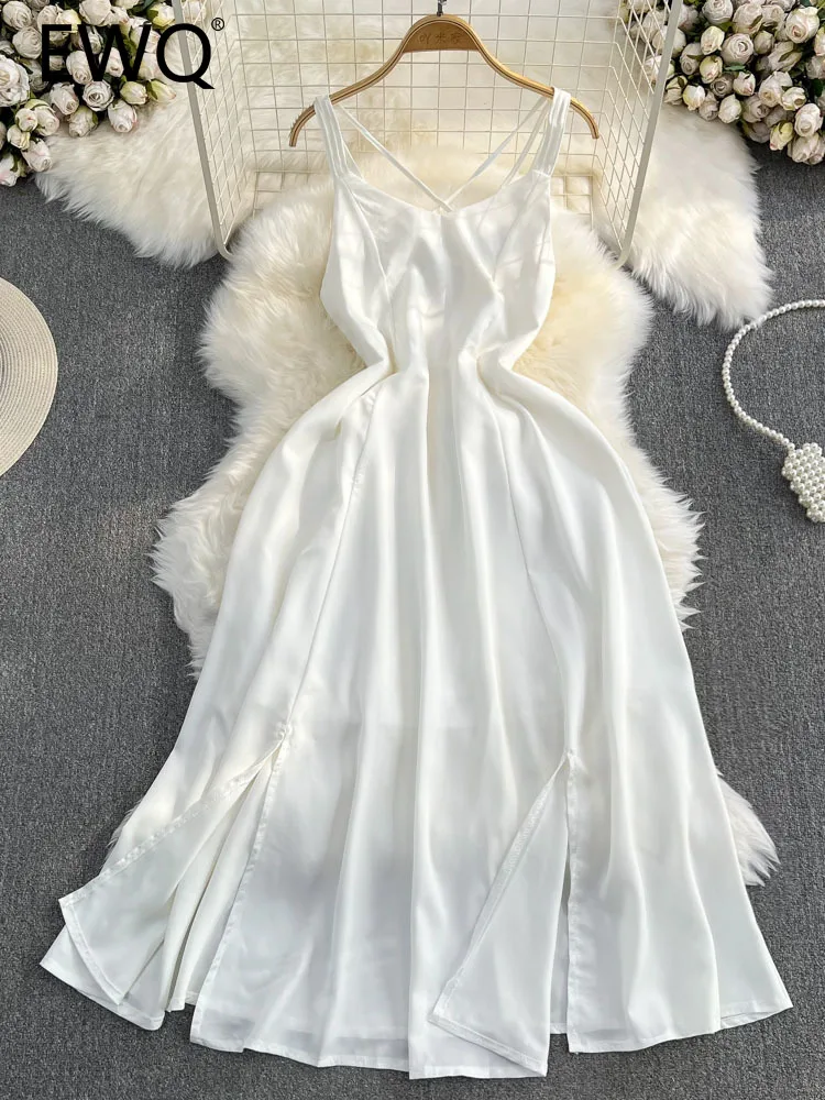 

EWQ Sweet Style Split Strapless Backless Sleeveless Solid Color High Waist A-line Women's Dress 2023 Summer New Dresses 27SN2608