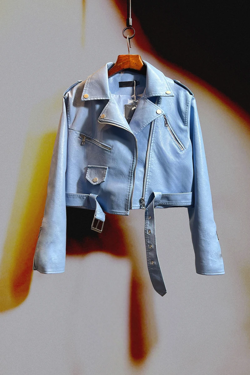 Korean Style Woman's Short Pink Leather Coat 2022 New Autumn and Winter Motorcycle Clothing Women's Cool Handsome Leather Jacket