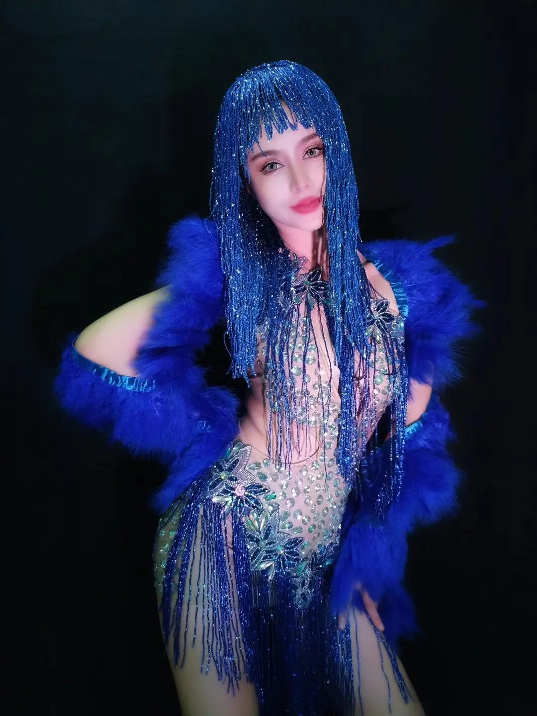 

2022 Стразы, Голубое Прозрачное платье с бахромой, сексуальное короткое вечернее платье с перьями для празднования дня рождения