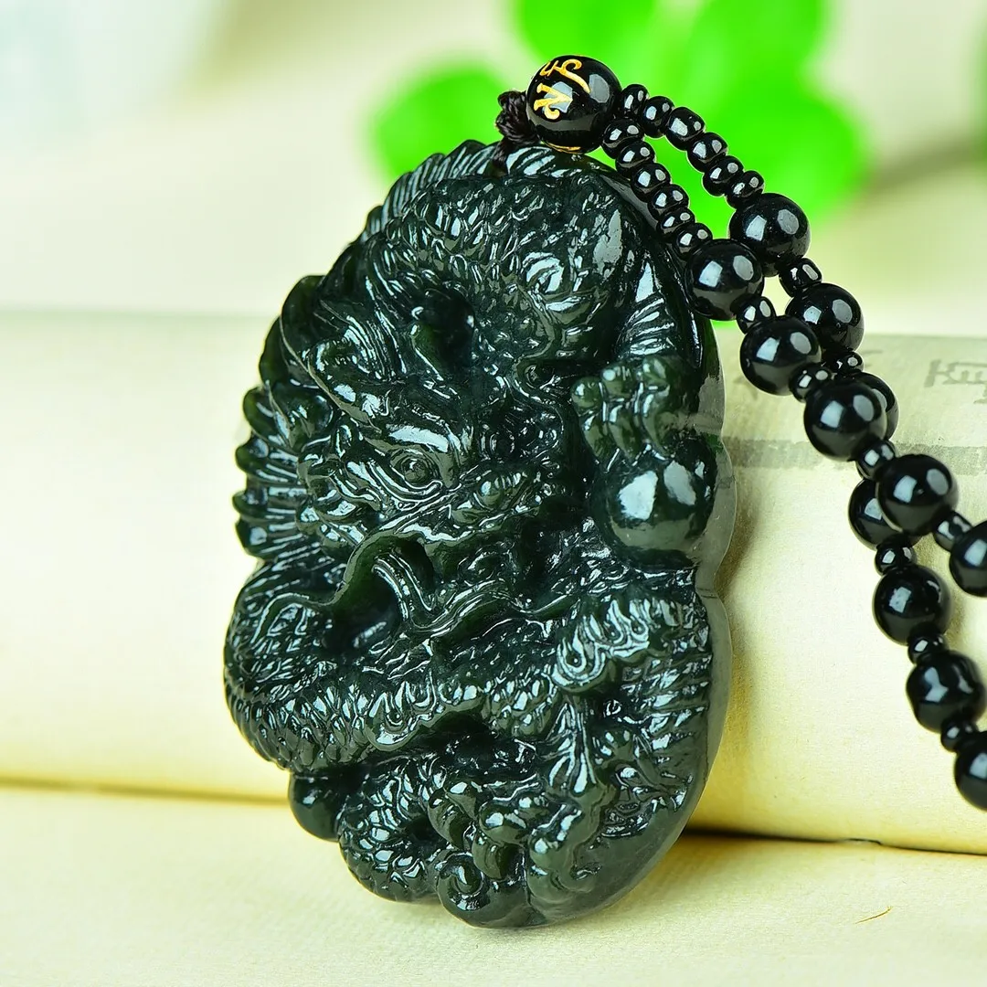 

Send Certificate Natural Green Jade Dragon Pendant Necklace Men Women Fengshui Charms Real Chinese Hetian Nephrite Dragon Amulet