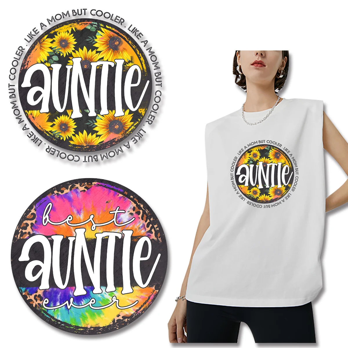 

Round Letter AUNTIE MOM Pattern Heat Vinyl Ironing Stickers Decor Character Patch for Clothing Washable Stickers on Fabric