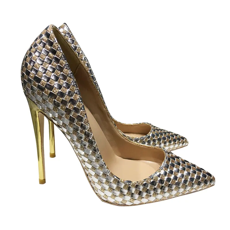 

Novelty 12cm Women Sexy Pumps Fashion Ladies High Heeled Dress Shoes with Metal Heel Bling Checkered Casual Daily Pointed Toe
