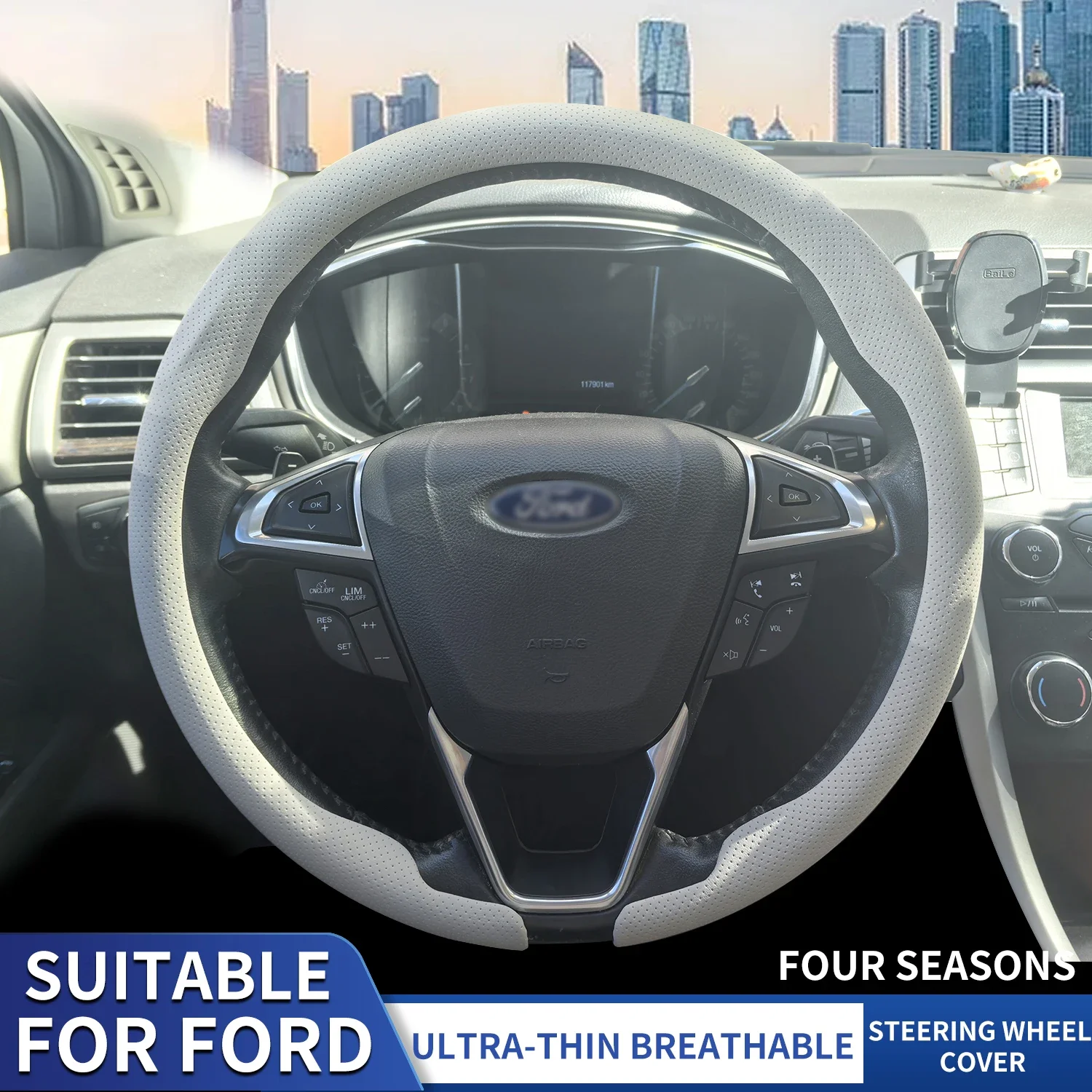 Фото Подходит для FORD Escape/Kuga Mustang Mach-E Bronco Focus Explorer, дышащий, противоскользящий чехол для руля из ПУ, ультратонкий, 38 см. №1
