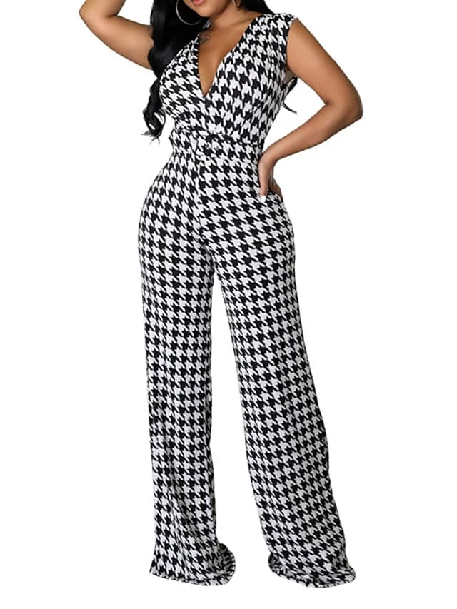 

Women's Jumpsuit Backless Print Houndstooth V Neck Elegant Party Street Regular Fit Sleeveless Black S M L Spring