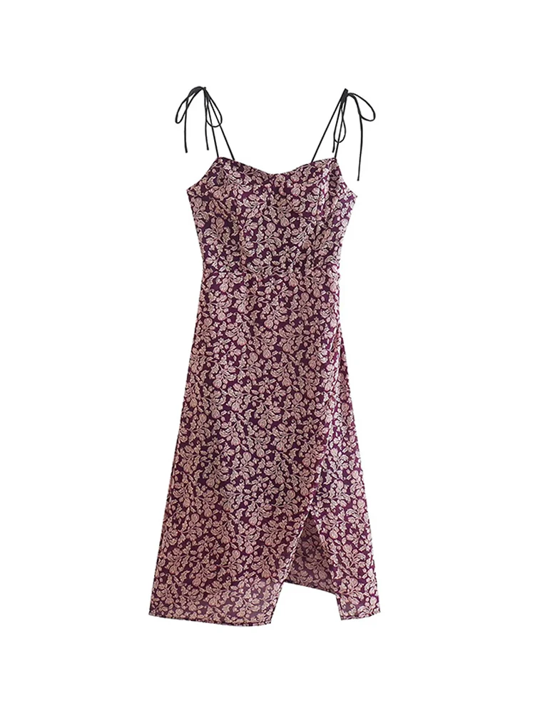 

Women Strappy Spaghetti Strap Dress Summer Sleeveless Split Floral Print Slim A-line Midi Dresses 2022