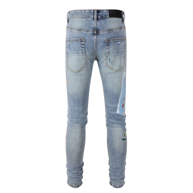 Newly Fashion Designer Men Jeans Retro Light Blue Stretch Slim Fit Patch Ripped Jeans Men Streetwear Hip Hop Brand Pants Hombre