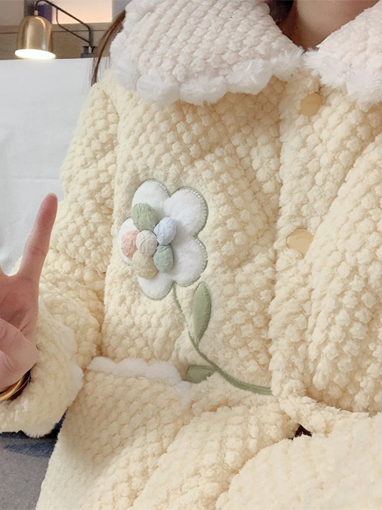 Coral Fleece Pajamas Women Autumn and Winter Quilted Three-Layer Thickened 2023 New Flannel Goose Yellow Spring Home Wear Set