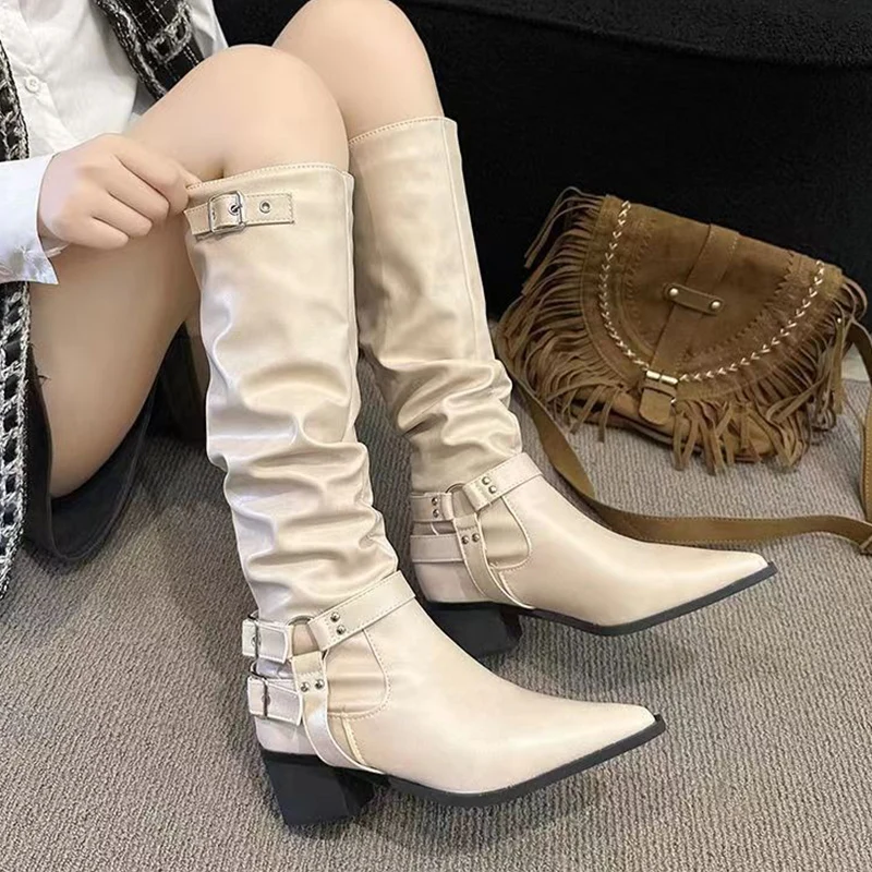 

Chelsea Knee High Boots Women Pleated Shoes 2024 Pointed Toe Winter Fashion Mid Heels Boots Gladiator Chunky Pumps Femme Botas