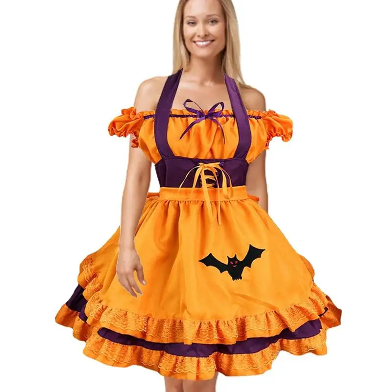 

Embroidered Pumpkin Maid Outfit Halloween Cosplay Costumes Womens French Maid Outfits Pumpkin Female Fancy Dress Set