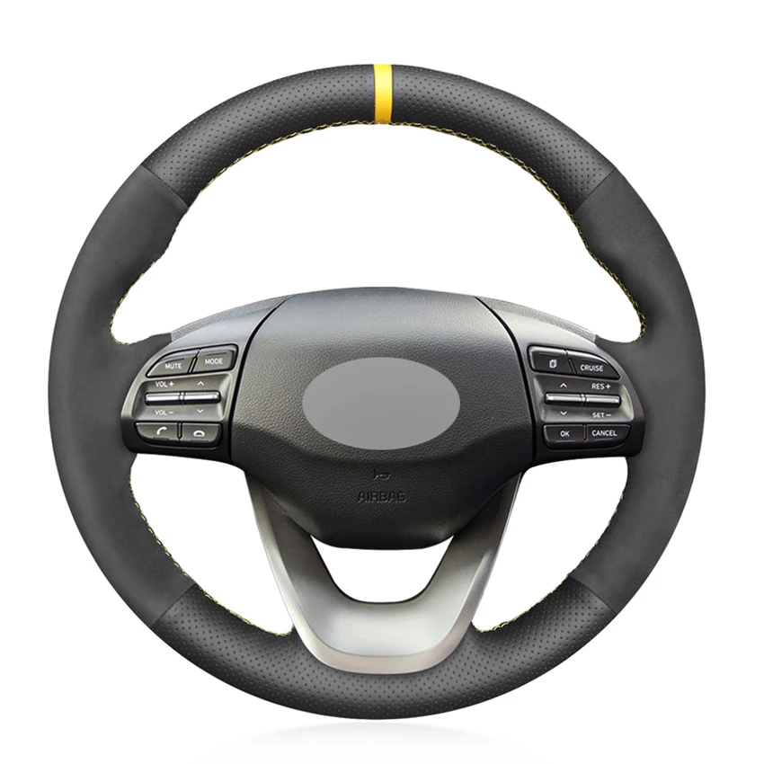 

Black Artificial Suede Leather Yellow Marker Hand-stitched No-slip Car Steering Wheel Cover for Hyundai Kona 2017 2018 2019