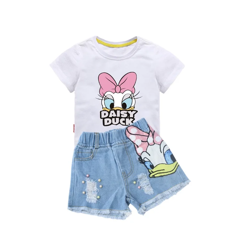 

Disney Girls Outfits Cartoon Donald Duck Sets Printed Summer Shirt Broken Hole Denim Shorts Girl Clothing Set Children Clothes