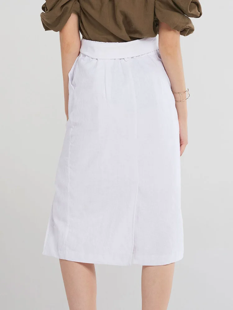 Msfancy Cotton Midi Skirt Women High Waist Button Wrap Jupe Wide Leg Slit Mujer 2022 Elegant White Faldas |