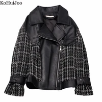 kohuijoo spring autumn new jackets women 2022 tweed plaid patckwork pu leather motorcycle jacket black korean woman outerwear