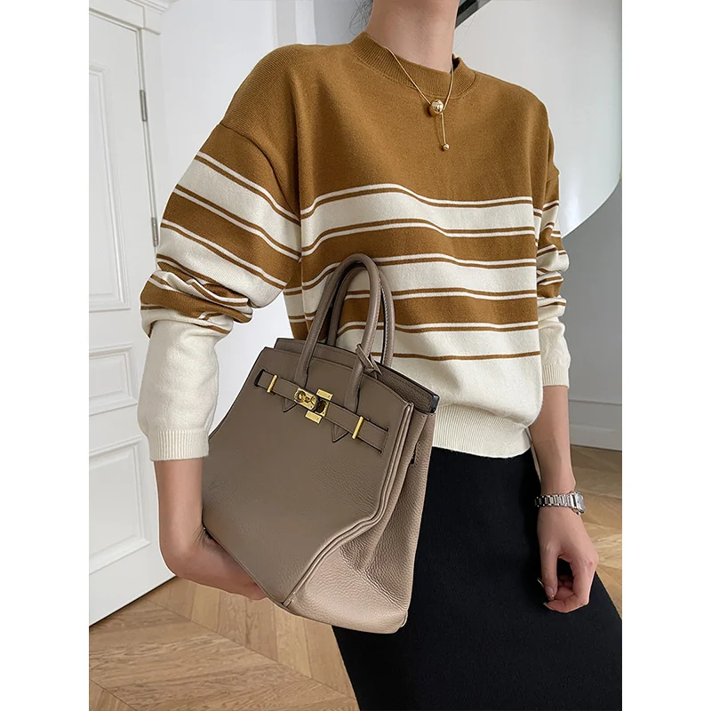 Женский свитер в полоску с круглым вырезом, свободные вязаные пуловеры с длинным рукавом, повседневные корейские топы, Осень-зима 2022