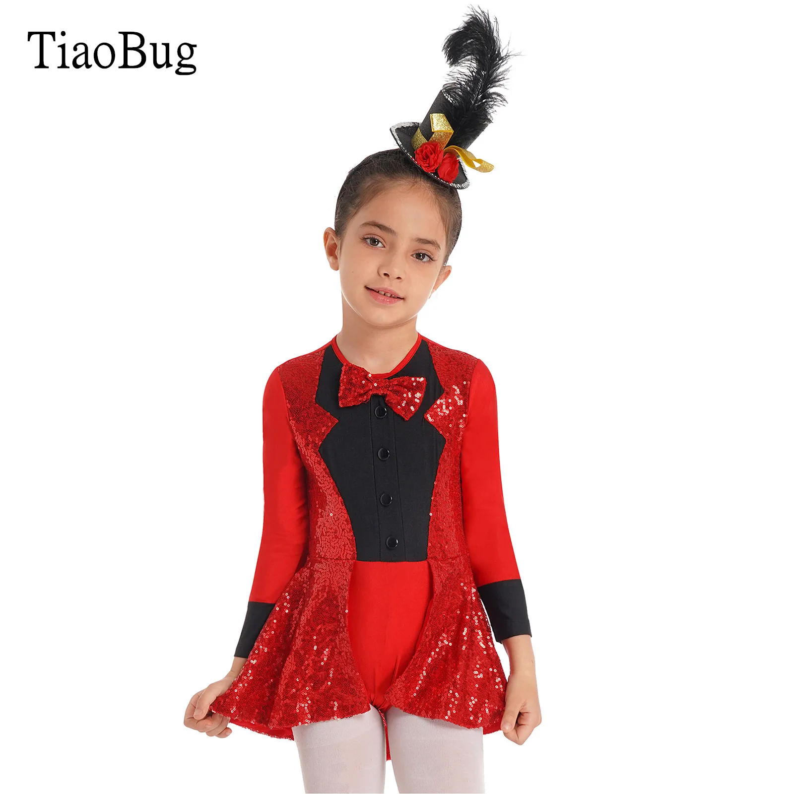 

Kids Girls Cosplay Dance Leotard Round Neck Long Sleeves Bow Tie Sequins Adorned Leotard with Hem