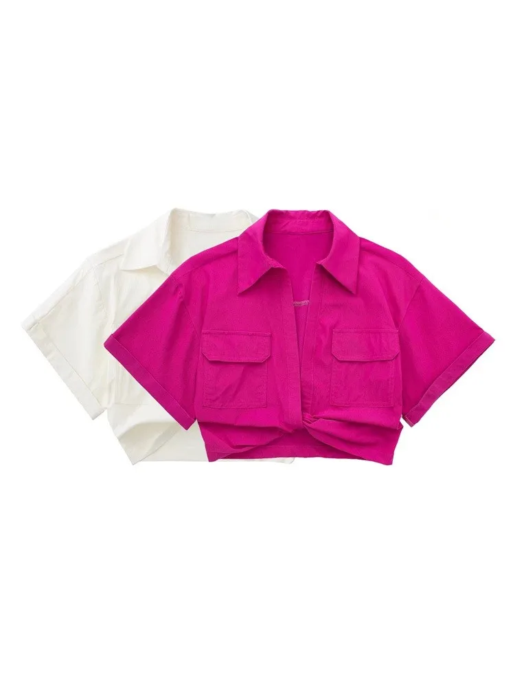 

Huaxiafan Women Fashion Front Knot Elastic Linen Cropped Shirts Vintage Short Sleeve Flap Pockets Female Blouses Blusa Chic Tops