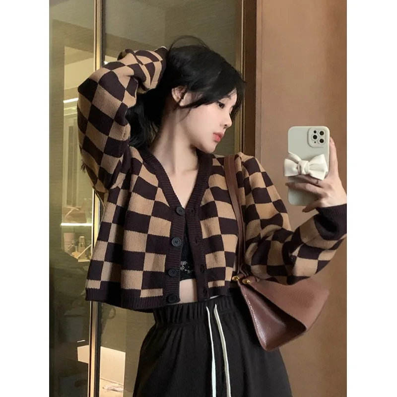 

Knitting Women's Cardigan Winter 2022 Cashmere Sweaters Fashion Long Sleeves Plaid Jumpers Korean Autumn Clothing V-neck