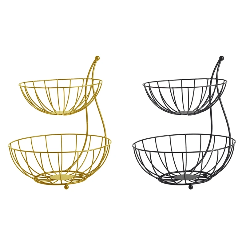 

Iron Art Basket Round Bowl Shaped Double-Layer Fruit Vegetable Basket Woven Iron Wire Hollow Desktop Storage Tray