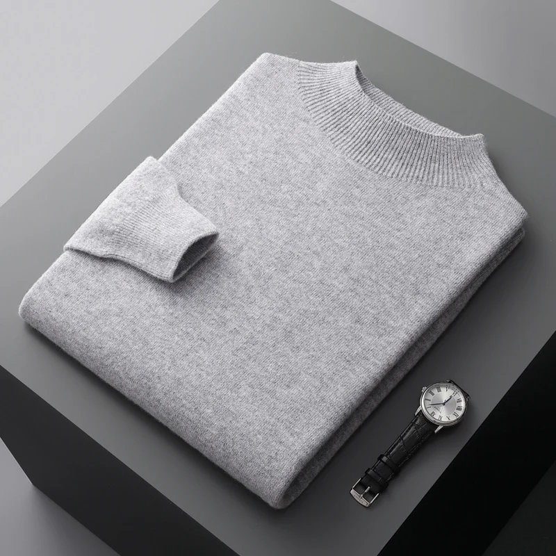 Autumn And Winter 100% Wool First-Line Ready-To-Wear Semi-High Collar Men's Cashmere Sweater Pullover Long Sleeve BottomingShirt