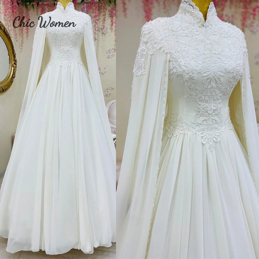 

Islamic Ivory Wedding Dress With Beaded Lace High Neck Long Sleeve Chiffon Boho Arabic Wedding Gowns A Line Chiffon Church Bride