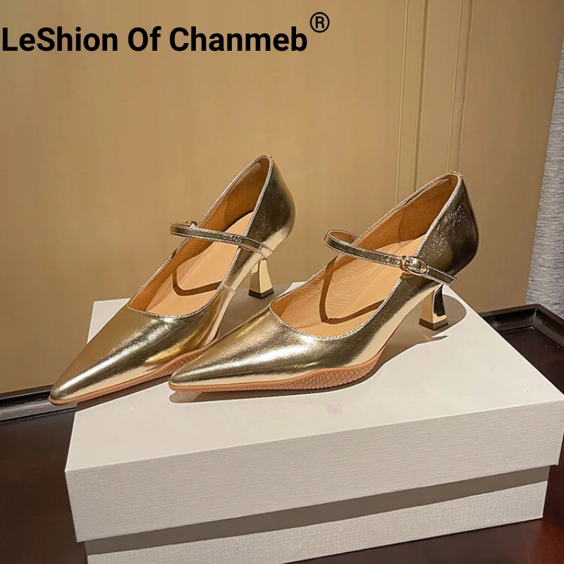 

LeShion Of Chanmeb Sheep Suede Mary Janes Pumps Women's Thin High-Heeled Buckle Shoes Gold Leather Pumps Ladies Office Career 40