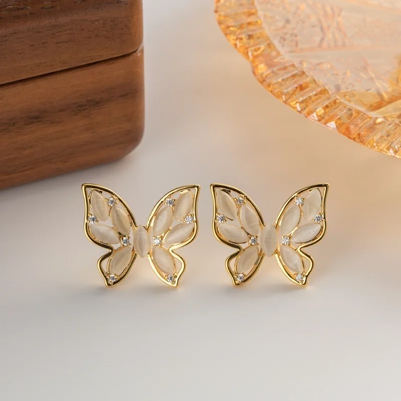 

Minar Fairy Shiny Opal Rhinestone Butterfly Dangle Earrings for Women 18K Real Gold Plating Brass Hollow Wings Earring Oorbellen