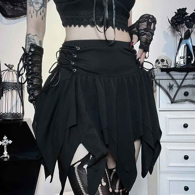 

Goth Dark Bandage Side Pointed Hem Mini Skirt Grunge Style Black High Waist A-line Skirt Punk Emo Sexy Women Alternative Bottoms