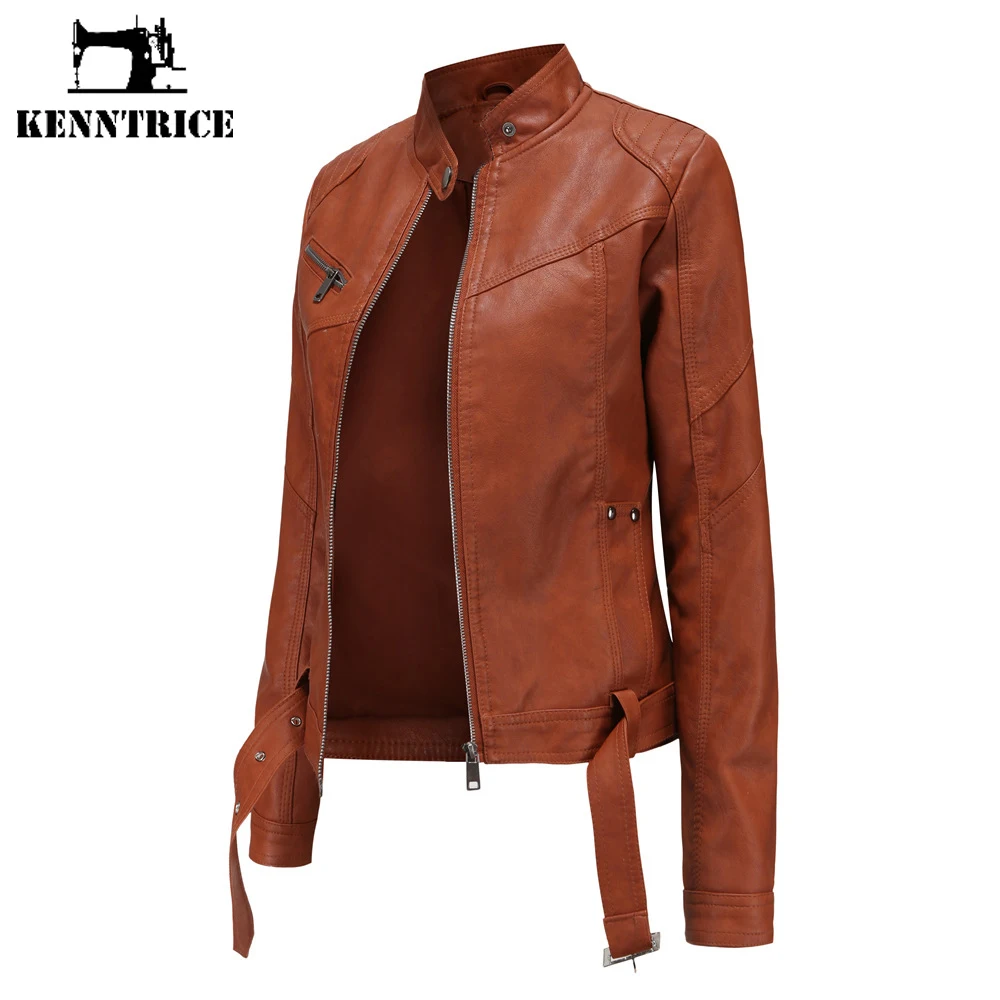 Kenntrice Women PU Leather Jacket 2022 Spring Thin Outerwear Short Casual Stand Collar Female Fashion Adjustable Waist Slim Coat