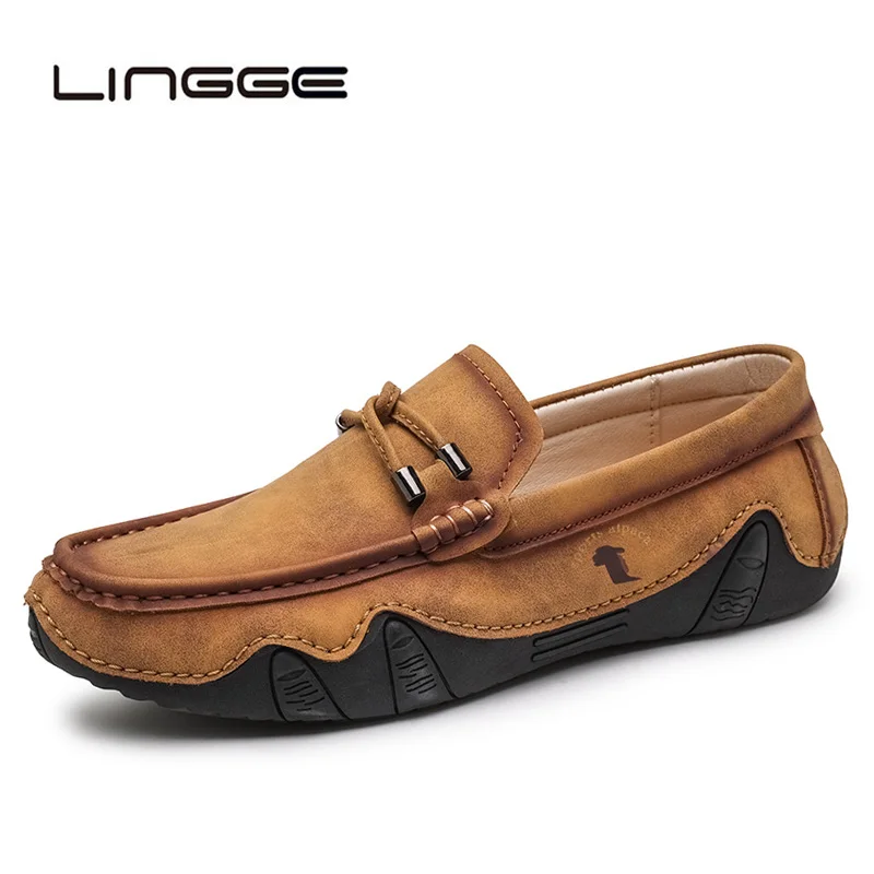 

LINGGE Handmade Leather Men Shoes Casual Slip On Men Loafers Quality Split Leather Shoes Men Flats Moccasins Plus Size 38-46