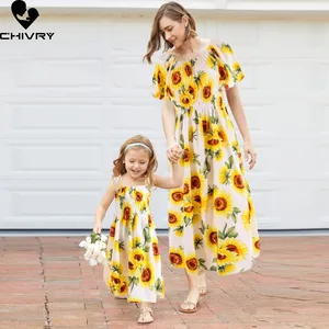 Chivry New Mother Daughter Summer Dresses Short Sleeve Cute Sunflower Beach Dress Mom Mommy and Me Dress Family Matching Outfits