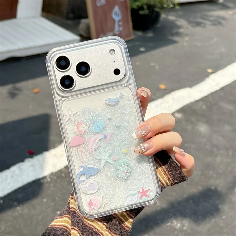 Фото Чехол для iPhone 17 Pro Max 16 15 с блестками, жидким песком и динамическим эффектом: плавающие дельфины и киты, прозрачная крышка с динамическим движением песка №5
