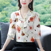 pullover korean fashion women clothing summer thin floral chiffon short sleeve blouses office lady three quarter casual blouses
