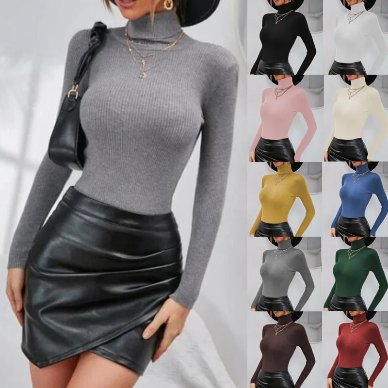 

2022 women's autumn and winter new solid color lapel turtleneck sweater knitted bottoming shirt