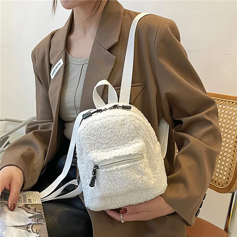 

Mini Plush Backpack Solid Color Women Little Girls Wild Fashion Soft Autumn Winter Small Multi-Function Bags For Shopping Street