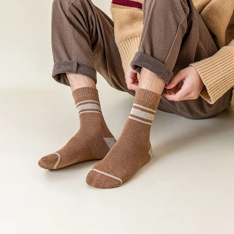 Men's Cotton Socks Winter Warm Socks Striped Fashion Casual Thick Harajuku Retro Terry Man Long Socks 5 Pair
